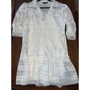 NEW Boston Proper White Lace Peplum Hem Dress Skirted Crochet 2 Pc W/ Slip Sz L